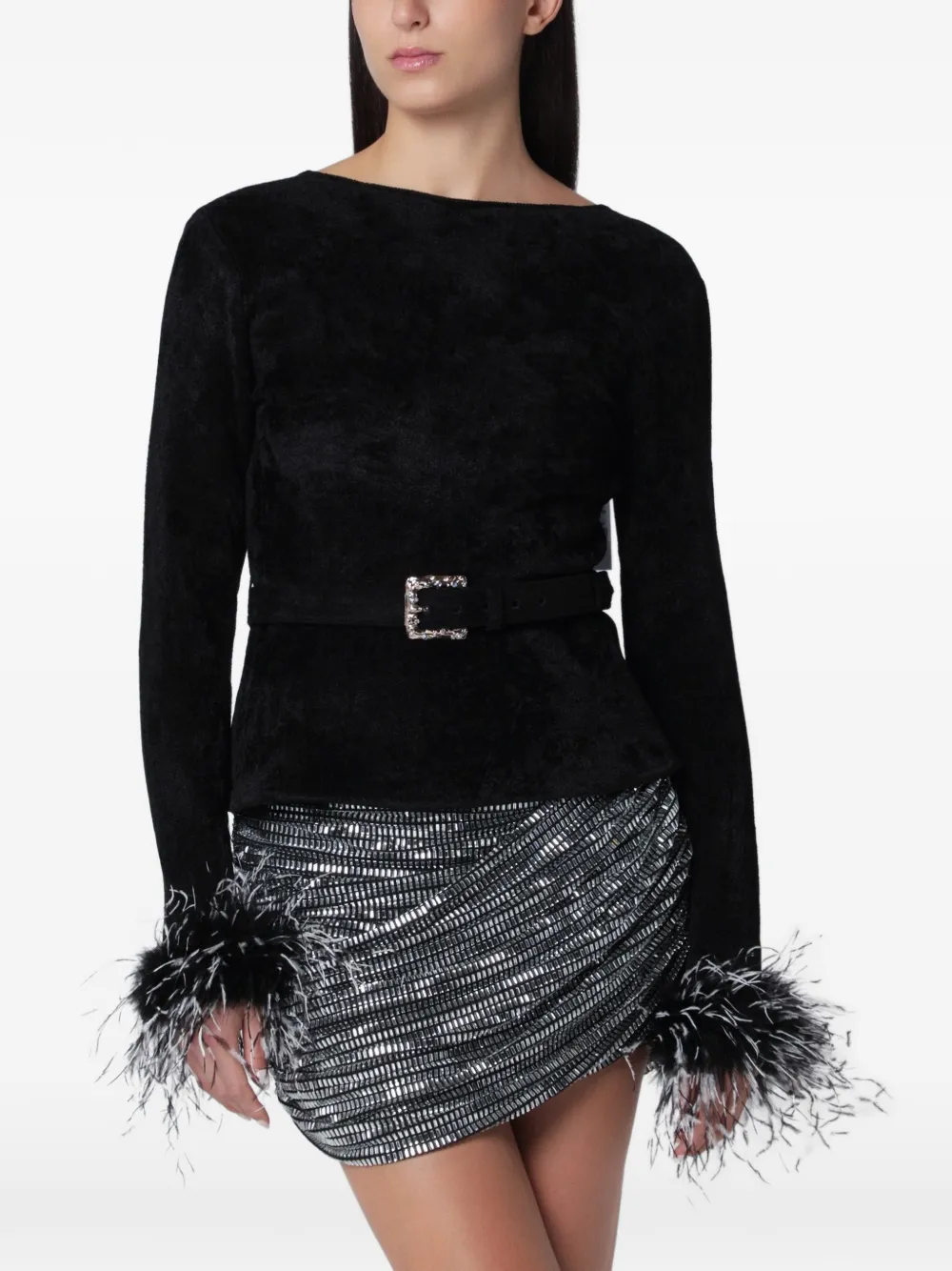 Self-Portrait black chenille knit feather top Zwart