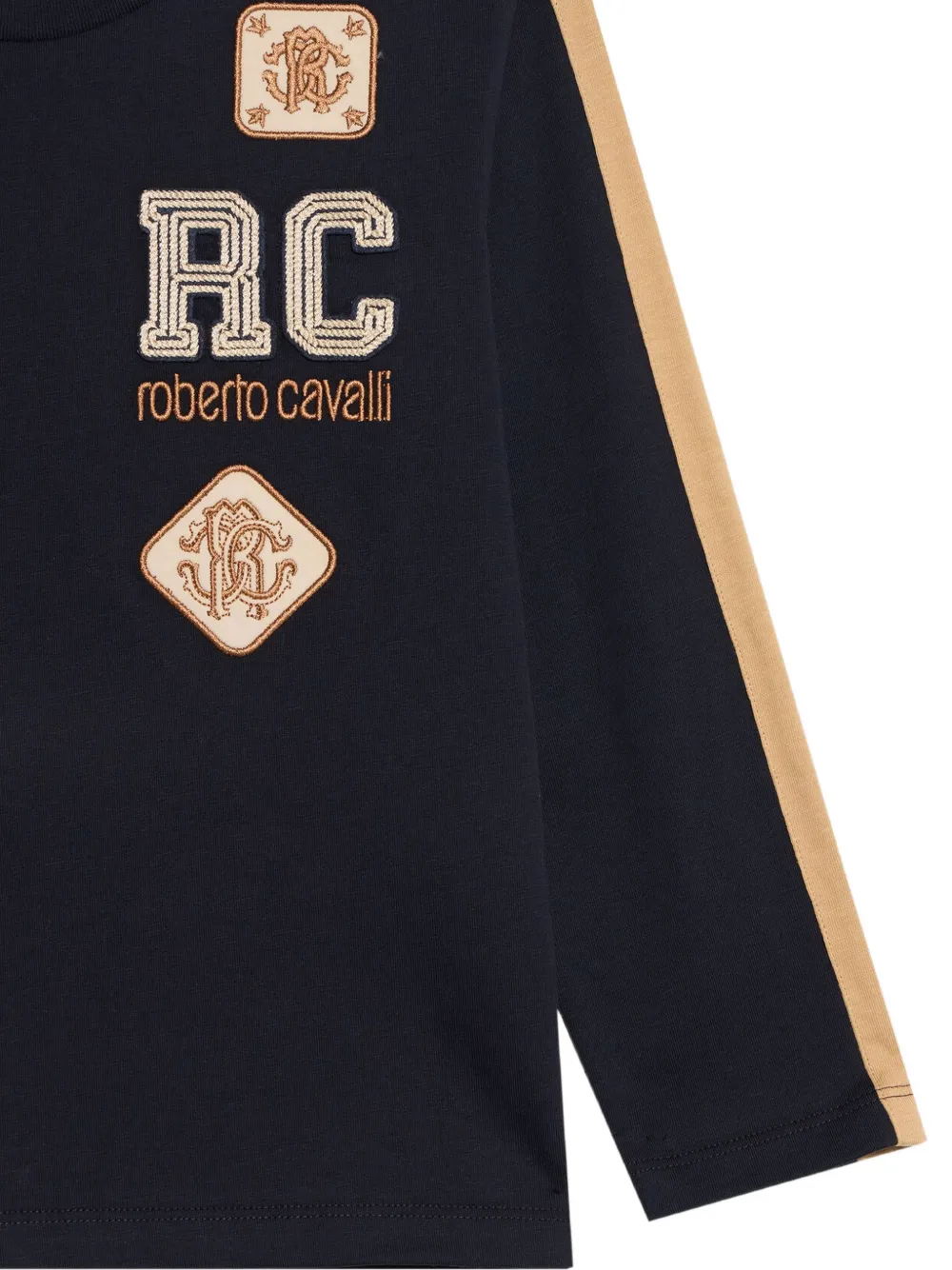 Roberto Cavalli Junior logo-patch side-stripe long-sleeve T-shirt Blauw