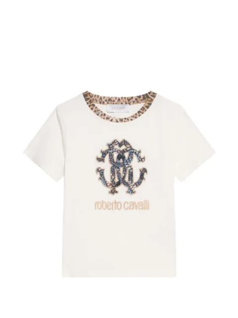 Roberto Cavalli Junior logo-embroidered leopard-trim T-shirt