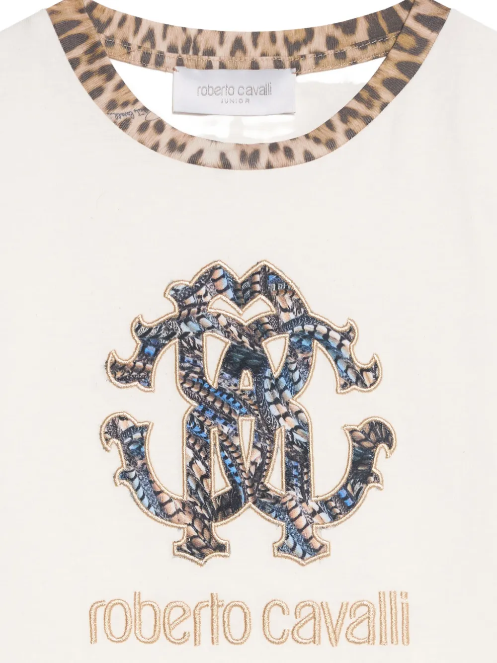 Roberto Cavalli Junior logo-embroidered leopard-trim T-shirt Beige