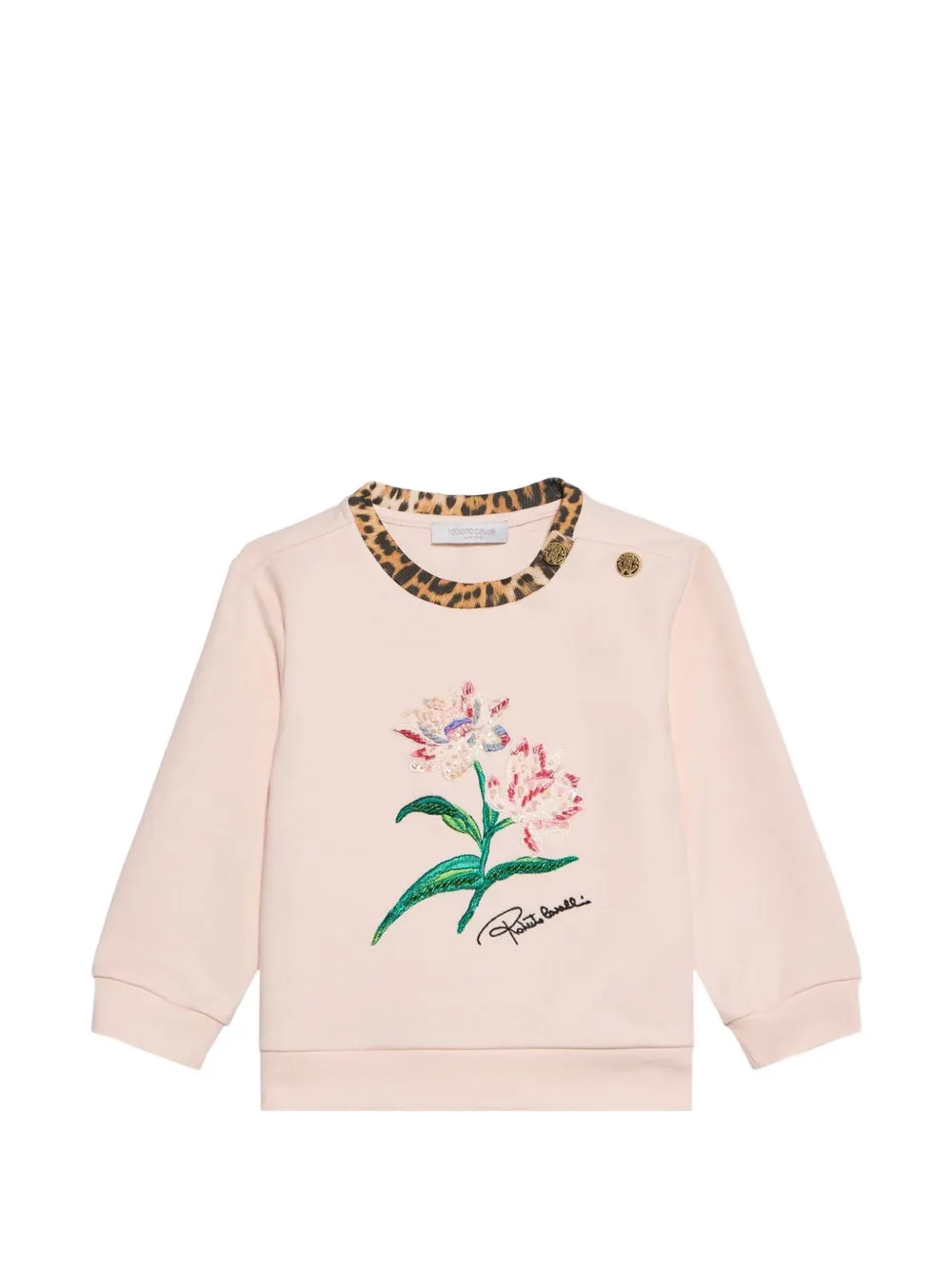 Roberto Cavalli Junior floral-embroidered leopard-print sweatshirt Roze
