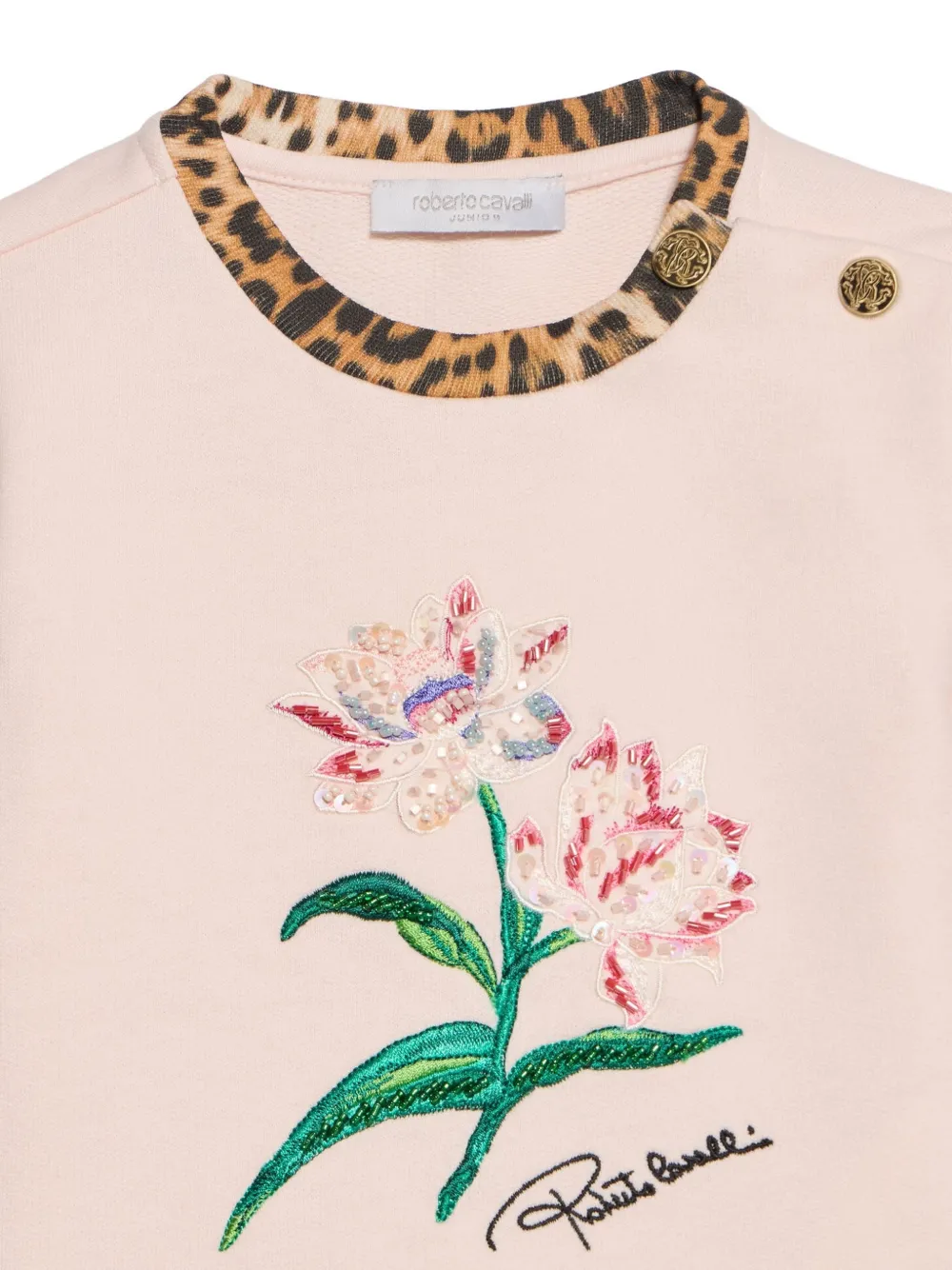 Roberto Cavalli Junior floral-embroidered leopard-print sweatshirt Roze