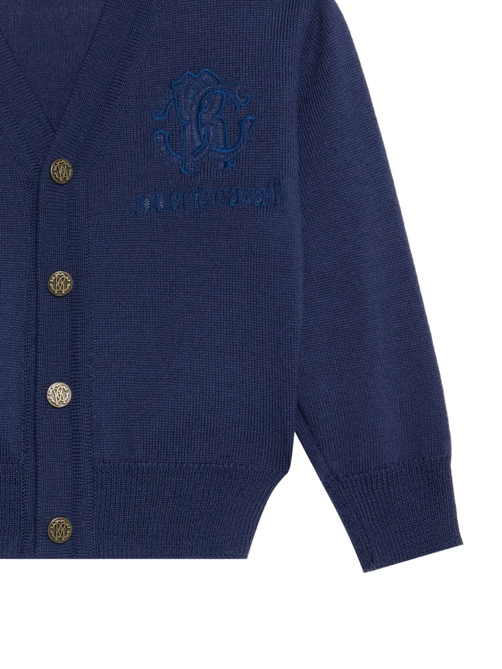 Roberto Cavalli Junior monogram-embroidered wool cardigan Blauw