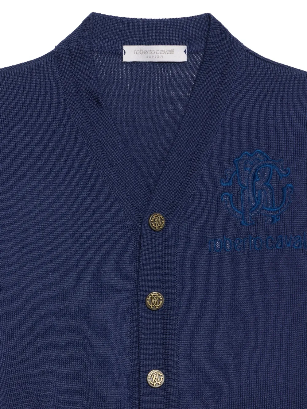 Roberto Cavalli Junior monogram-embroidered wool cardigan Blauw