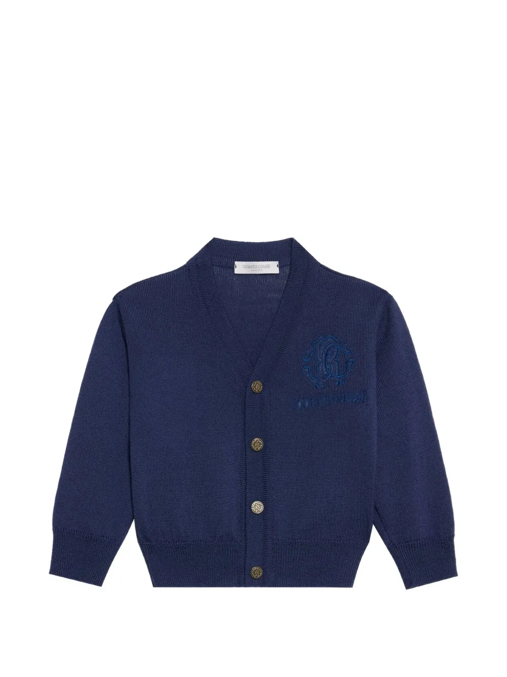 Roberto Cavalli Junior monogram-embroidered wool cardigan Blauw