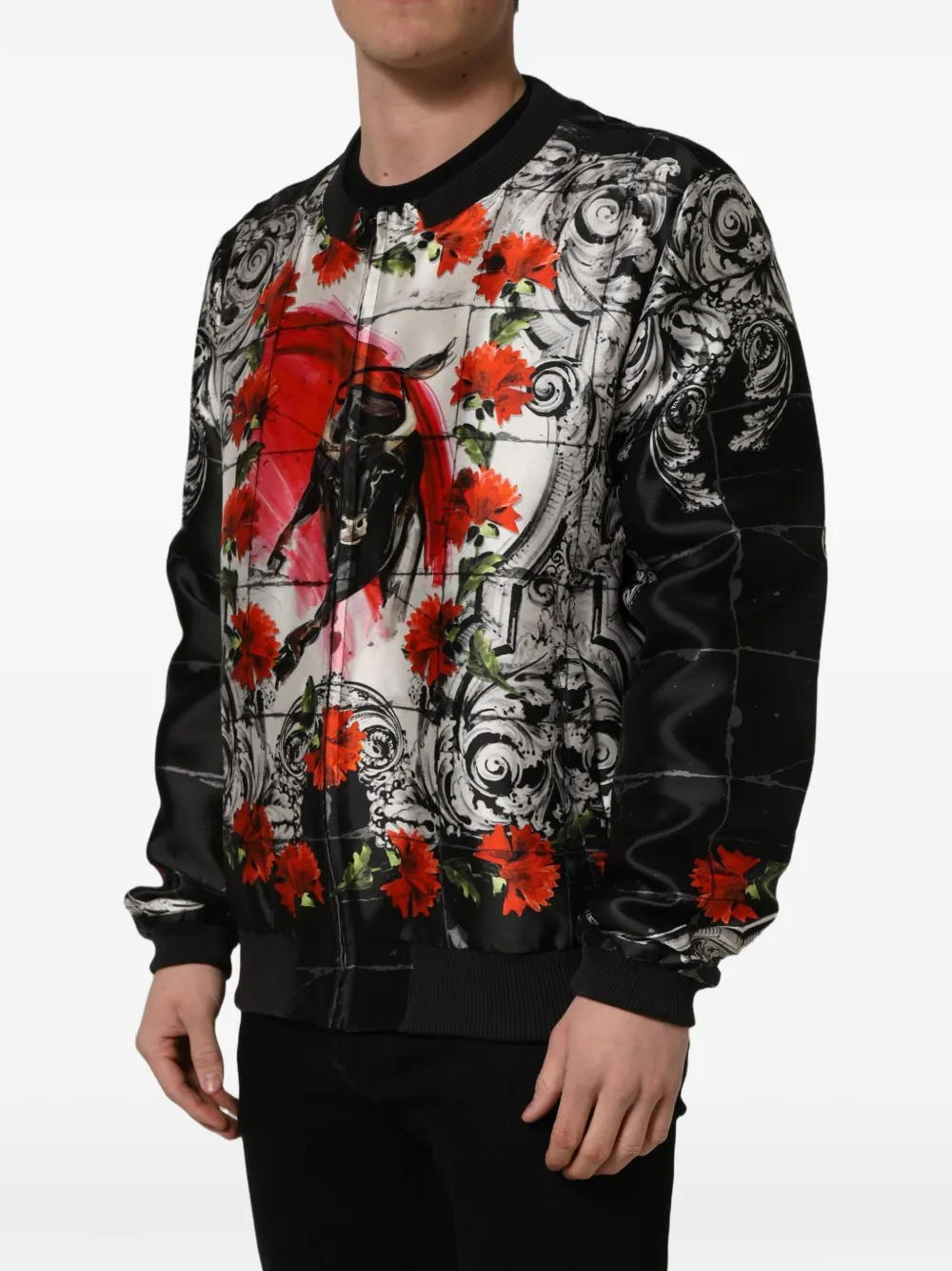 Dolce & Gabbana Majolica bull-print bomber jacket Zwart