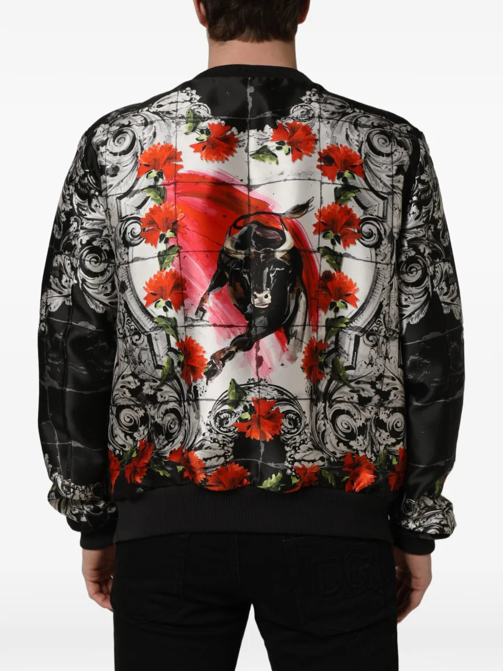Dolce & Gabbana Majolica bull-print bomber jacket Zwart
