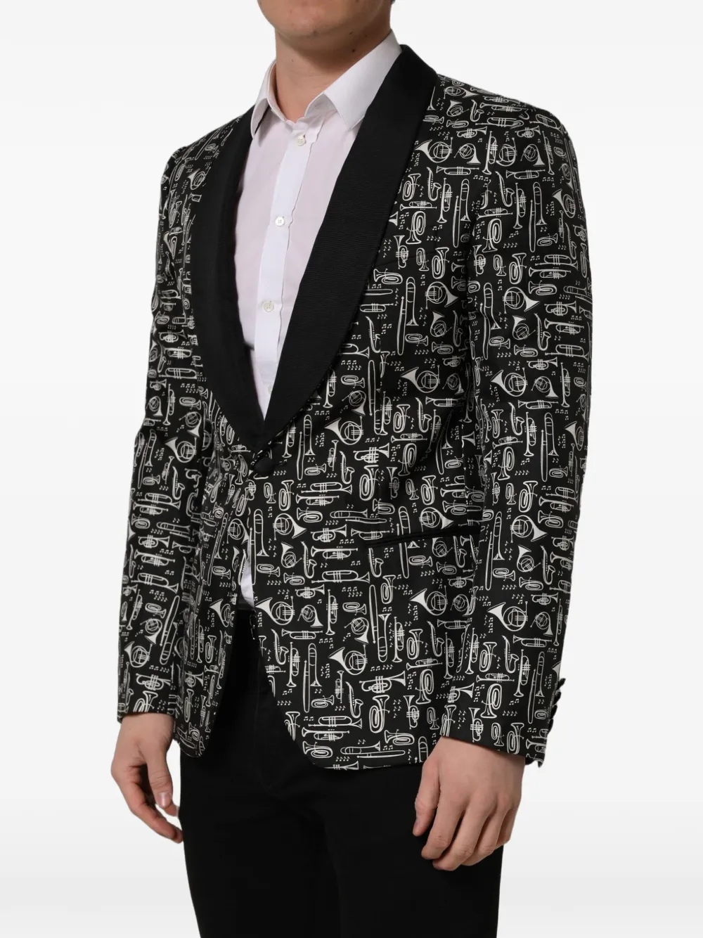 Dolce & Gabbana crystal-embellished musical-instrument-print blazer Zwart