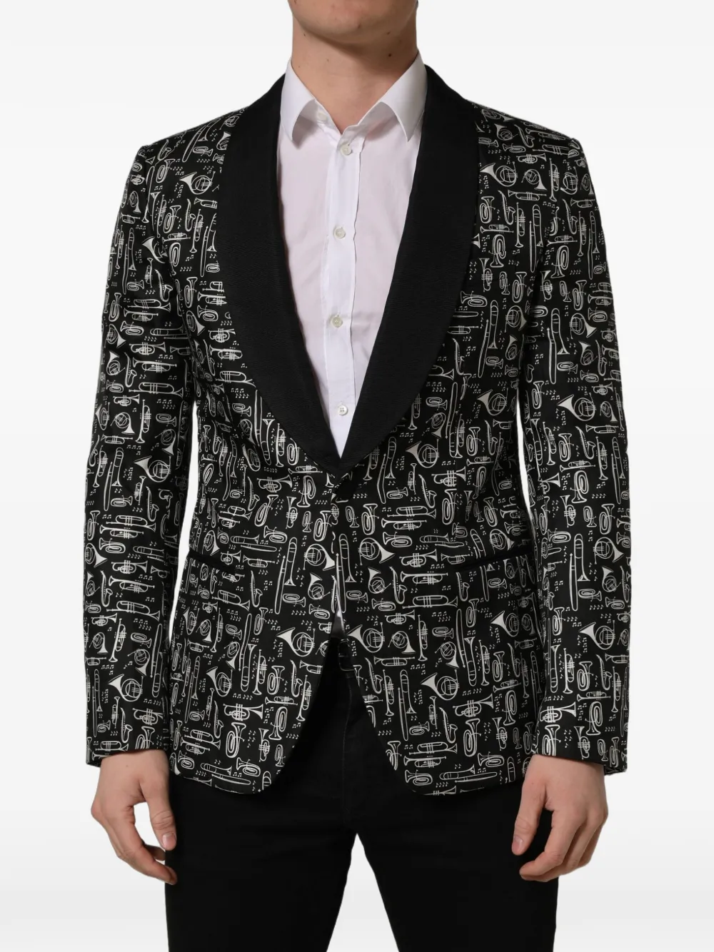 Dolce & Gabbana crystal-embellished musical-instrument-print blazer Zwart