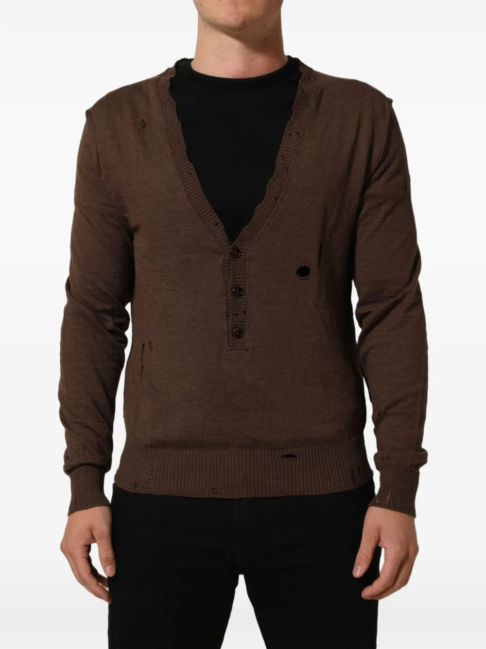 Dolce & Gabbana distressed buttoned V-neck sweater - Brown