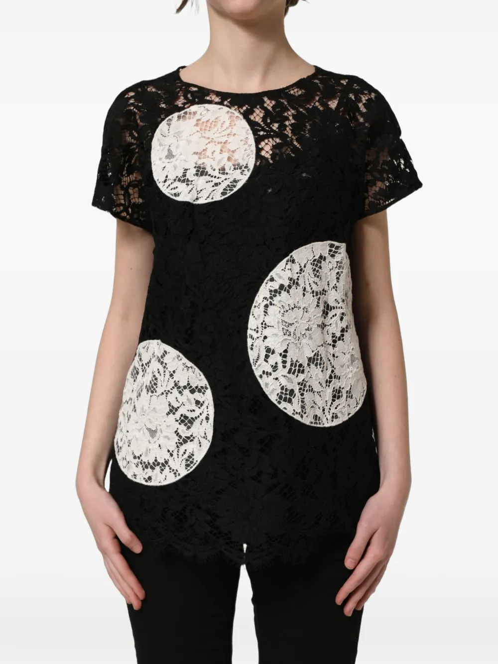 Dolce & Gabbana black white floral-lace short-sleeve blouse