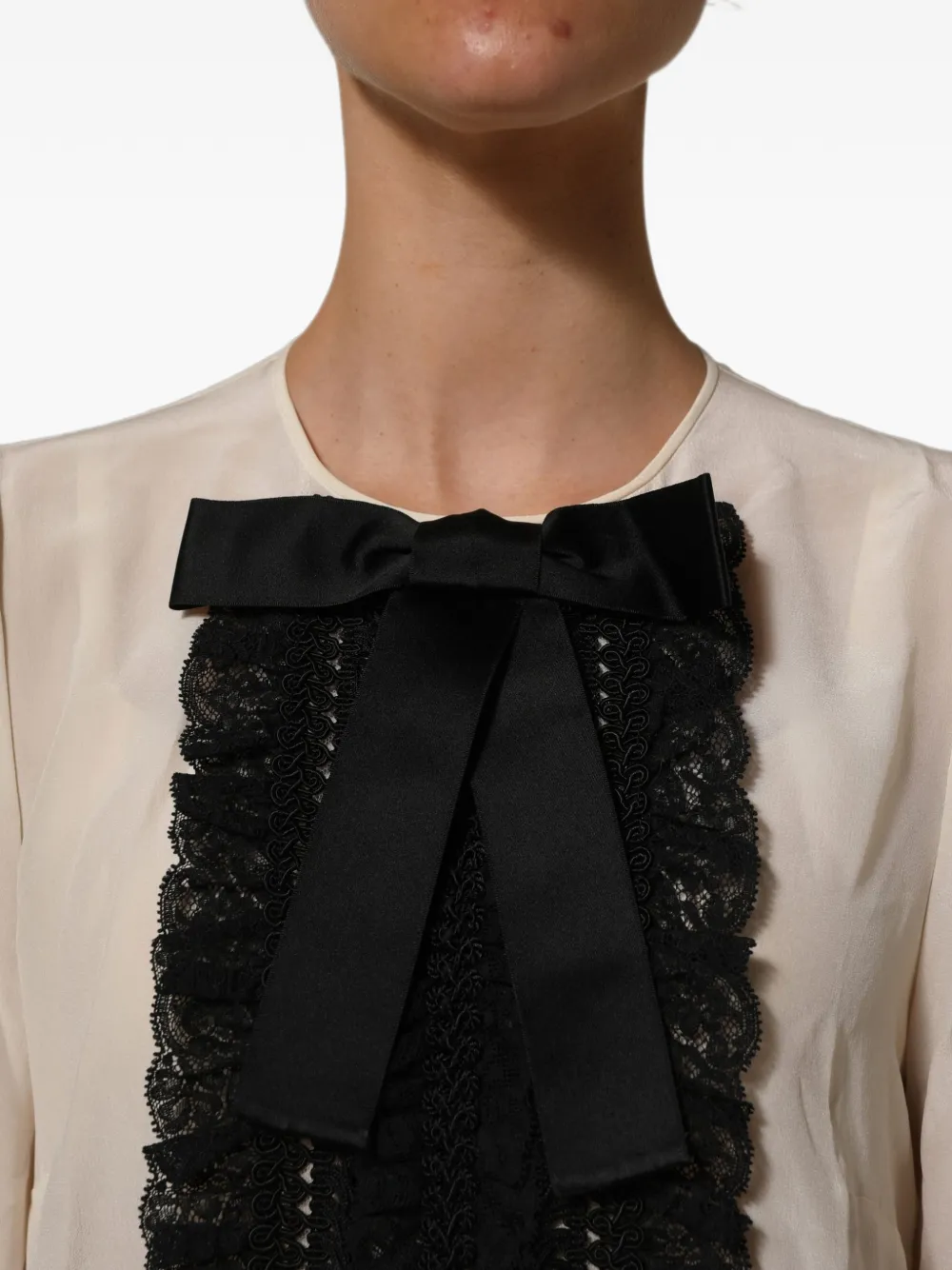Dolce & Gabbana beige lace-trim bow short-sleeves blouse top