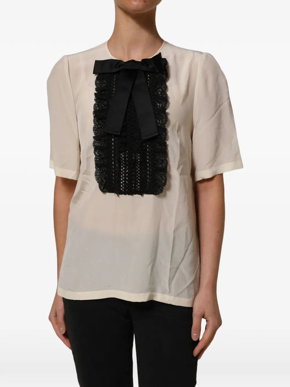 Dolce & Gabbana beige lace-trim bow short-sleeves blouse top
