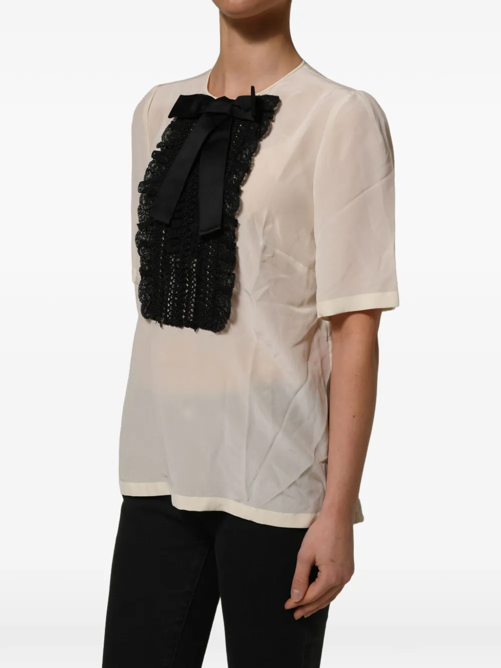 Dolce & Gabbana beige lace-trim bow short-sleeves blouse top