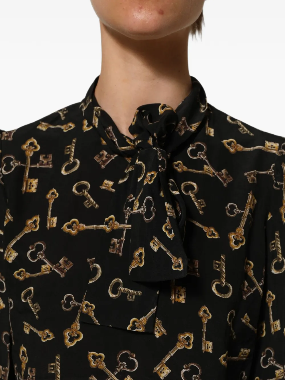 Dolce & Gabbana Blouse met strikkraag en sleutel-print Zwart