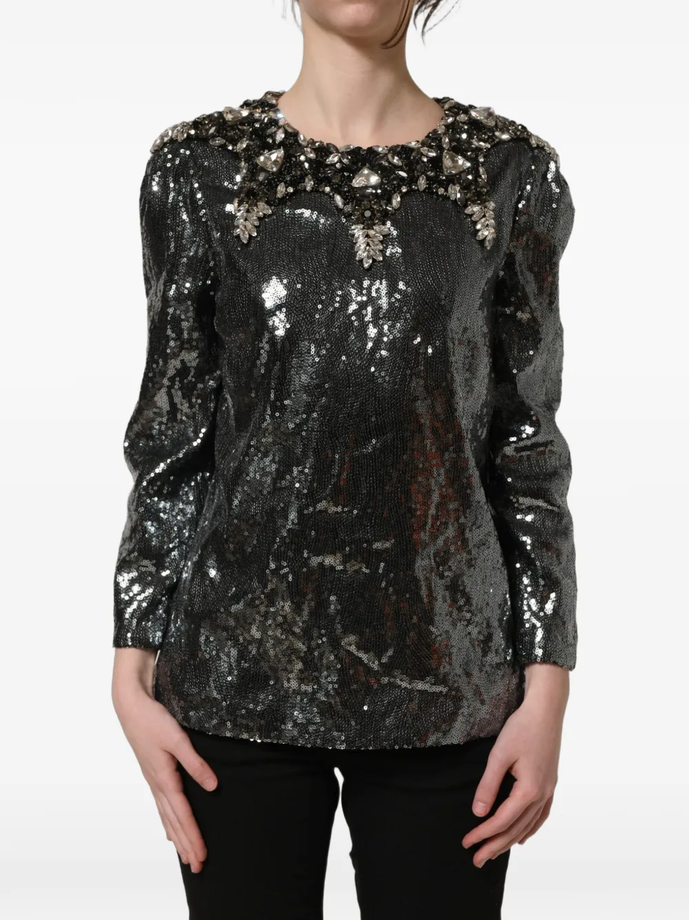 Dolce & Gabbana sequin-embellished crystal-neckline blouse - Black