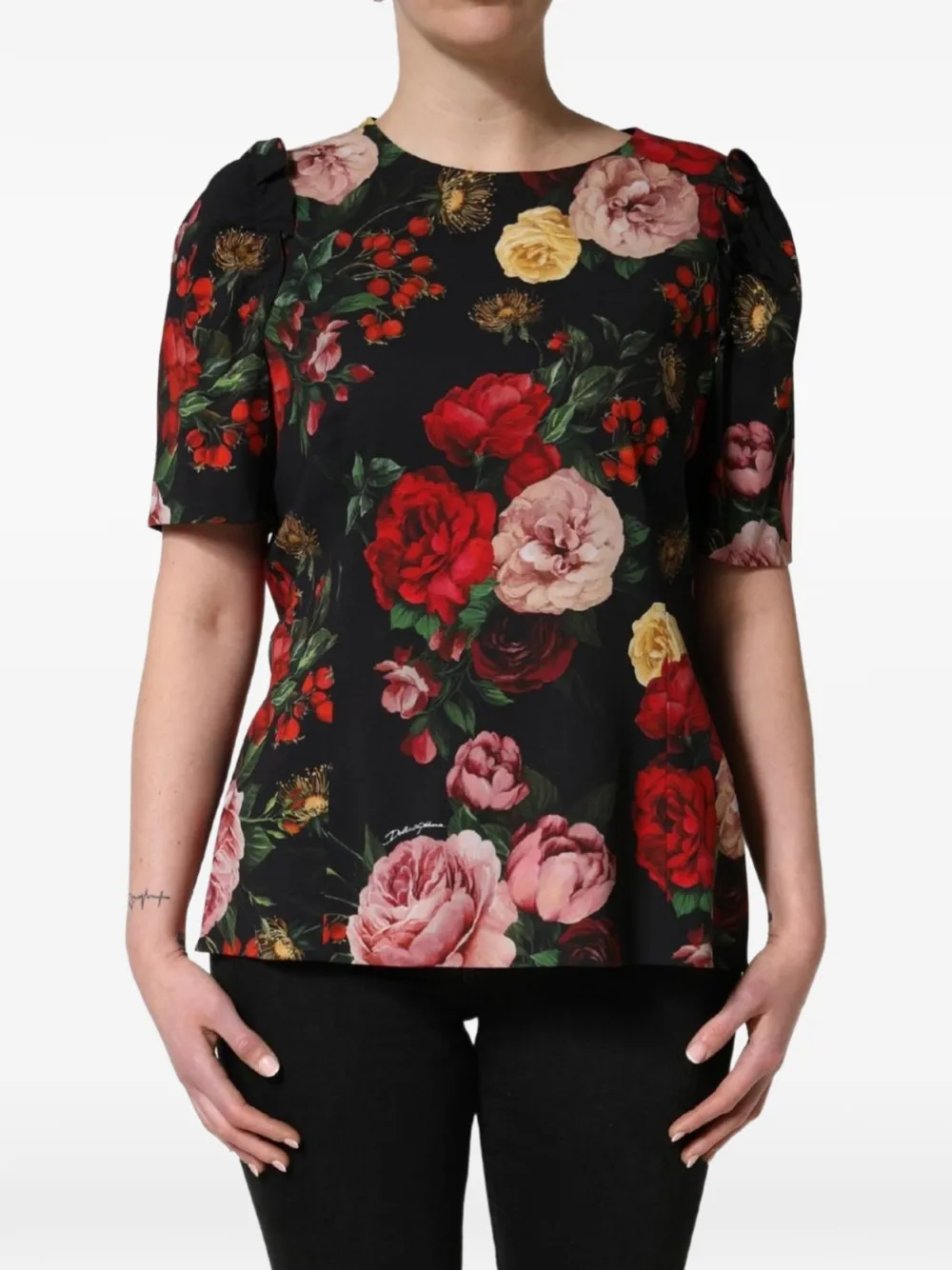 Dolce & Gabbana floral-print frill-detail blouse Zwart