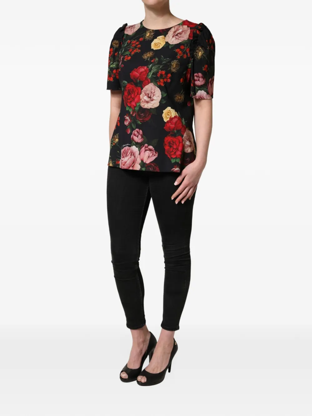 Dolce & Gabbana floral-print frill-detail blouse Zwart