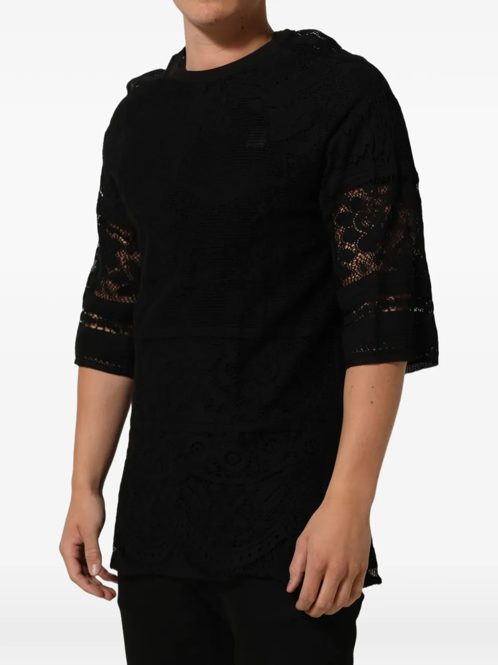 Dolce & Gabbana black cotton floral-lace crew-neck T-shirt Zwart