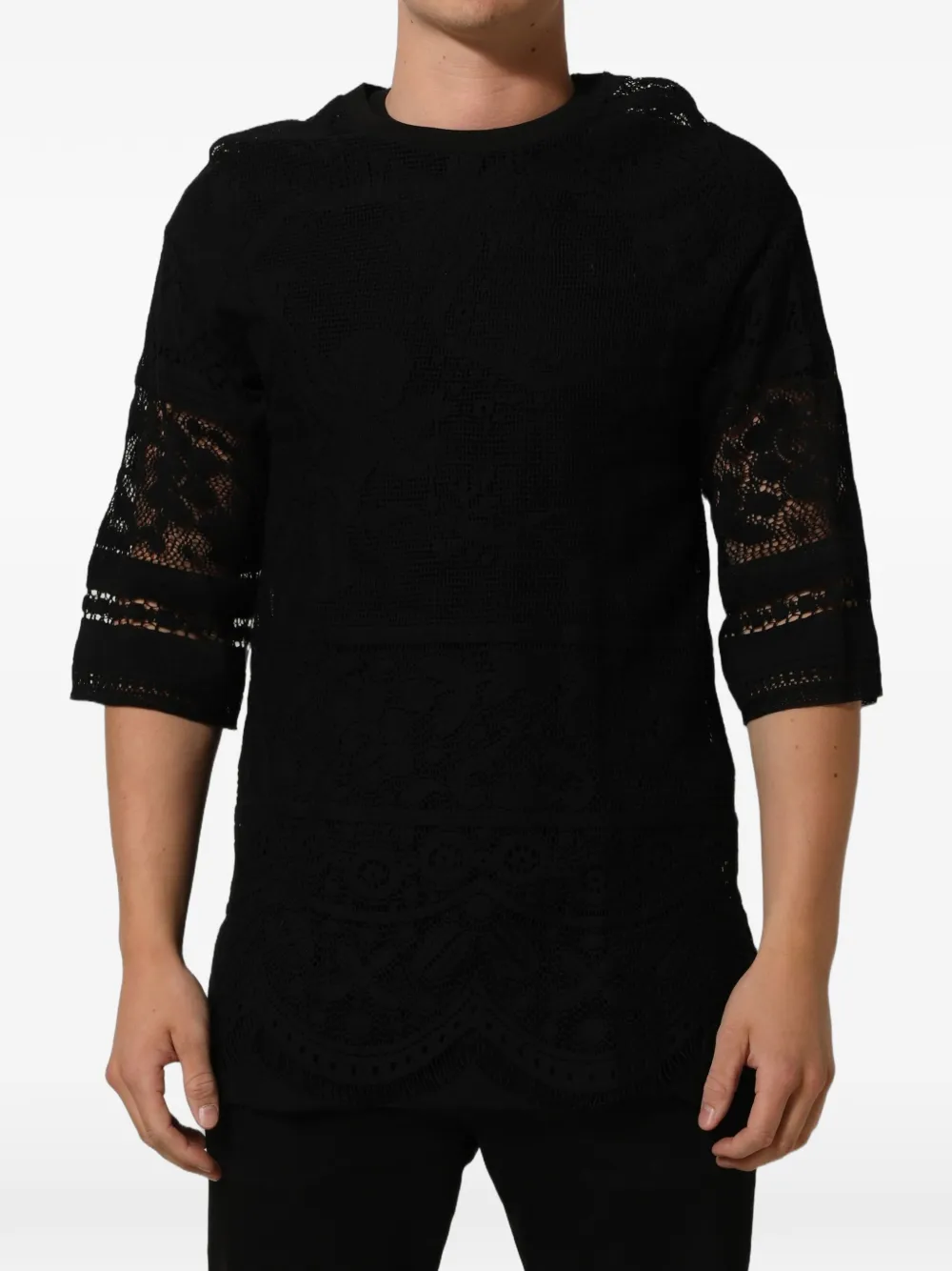 Dolce & Gabbana black cotton floral-lace crew-neck T-shirt Zwart