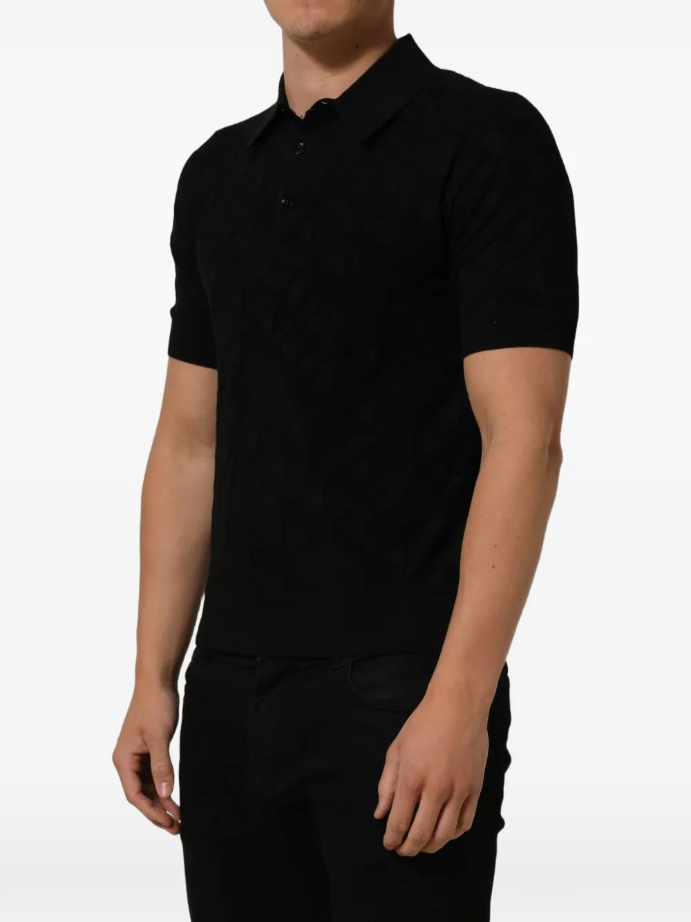 Dolce & Gabbana monogram-knit silk polo shirt Zwart