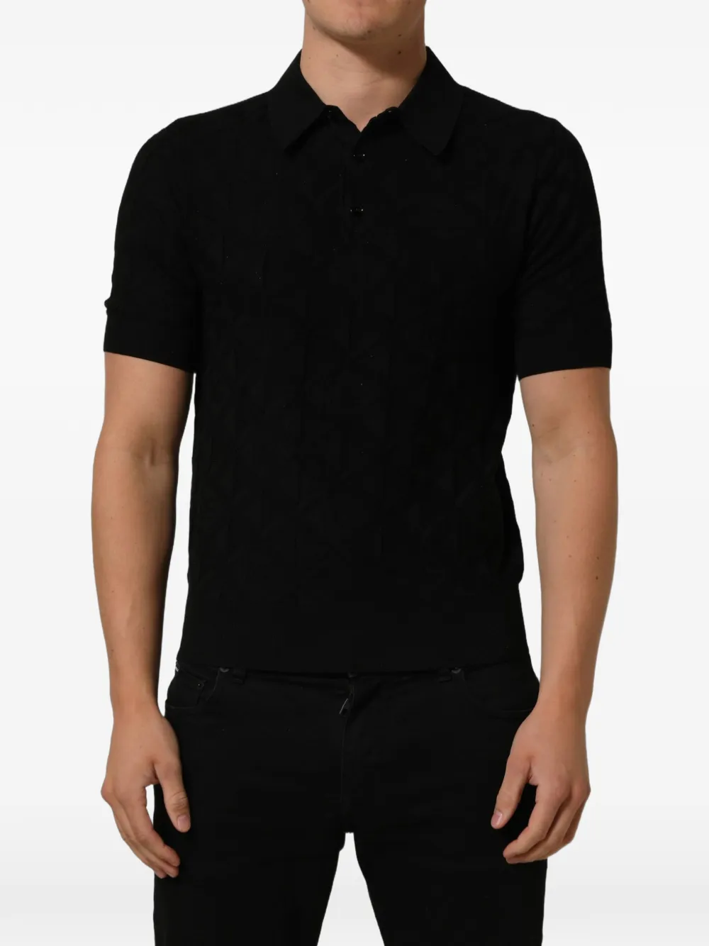 Dolce & Gabbana monogram-knit silk polo shirt - Nero