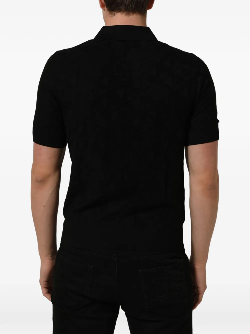 Dolce & Gabbana monogram-knit silk polo shirt Zwart