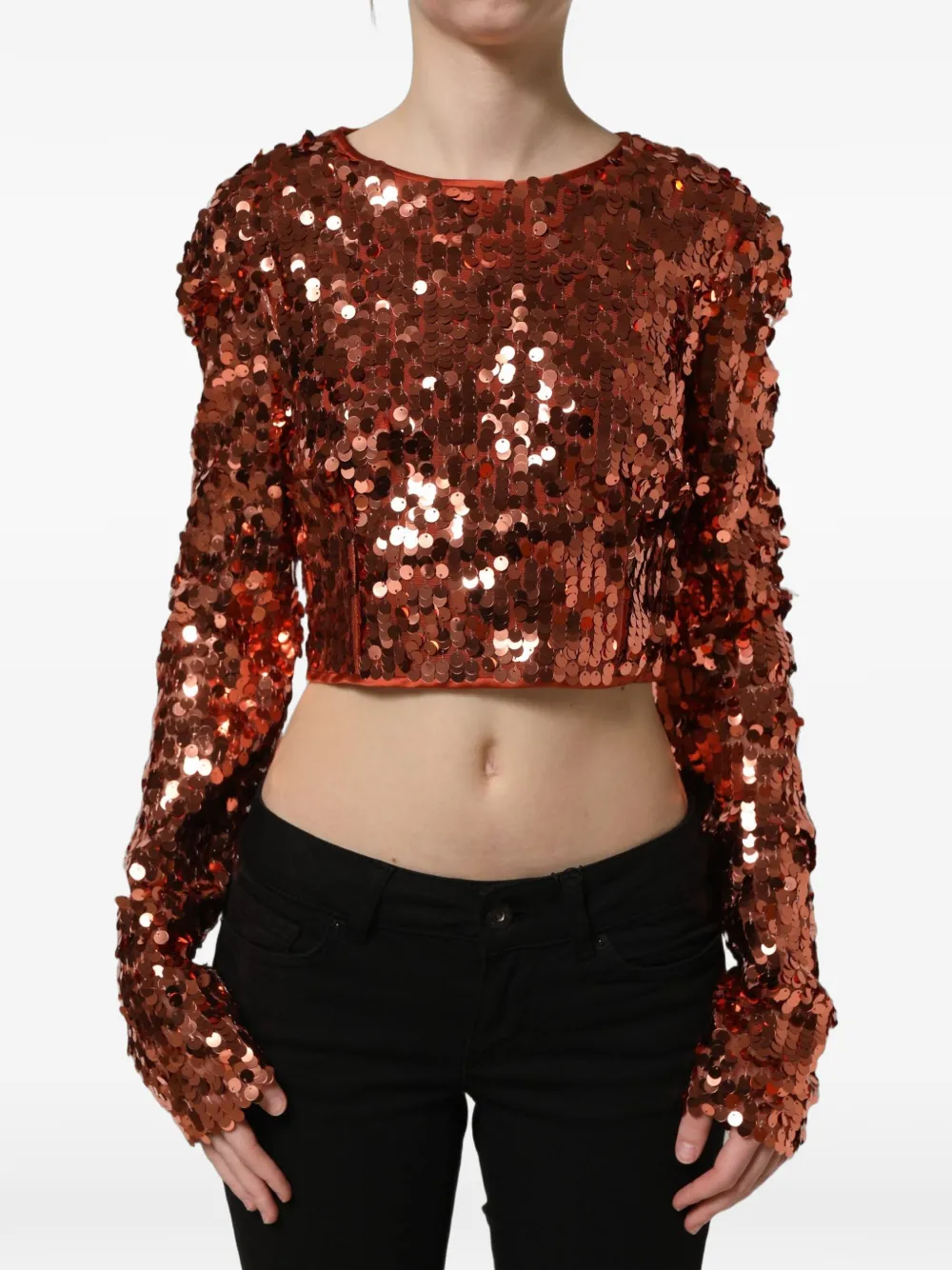 Dolce & Gabbana Sequin Long Sleeve Cropped Blouse - Marrone
