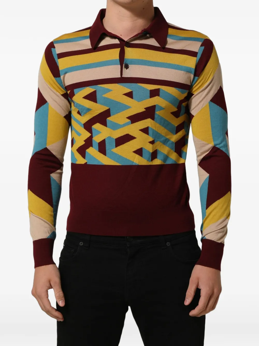 Dolce & Gabbana geometric-print striped polo sweater Rood