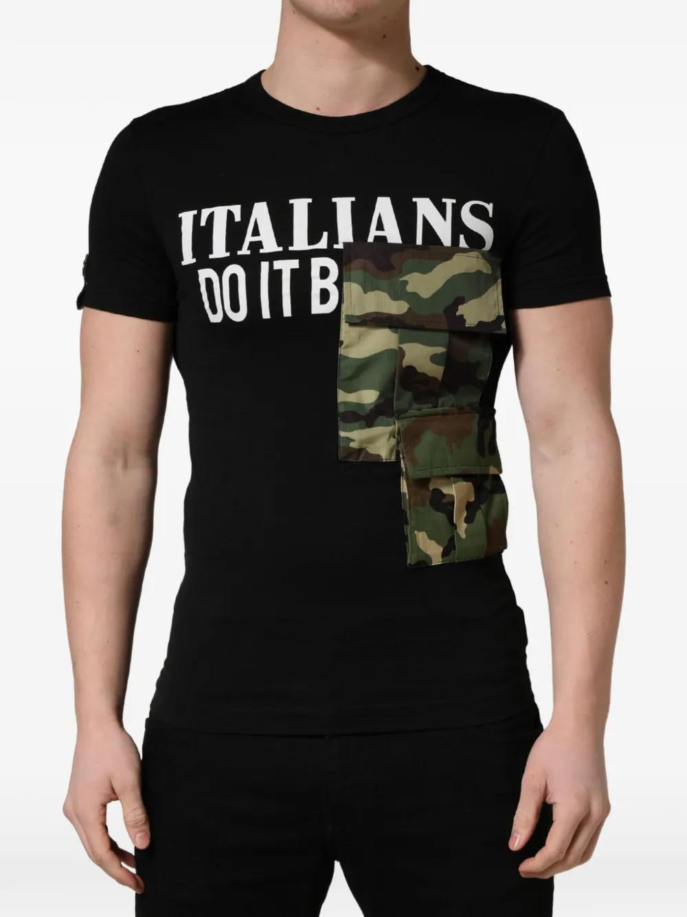 Dolce & Gabbana T-shirt met slogan-print en zak met camouflage-print Zwart