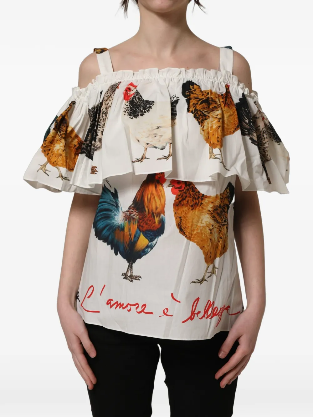 Dolce & Gabbana rooster-print ruffled top - White