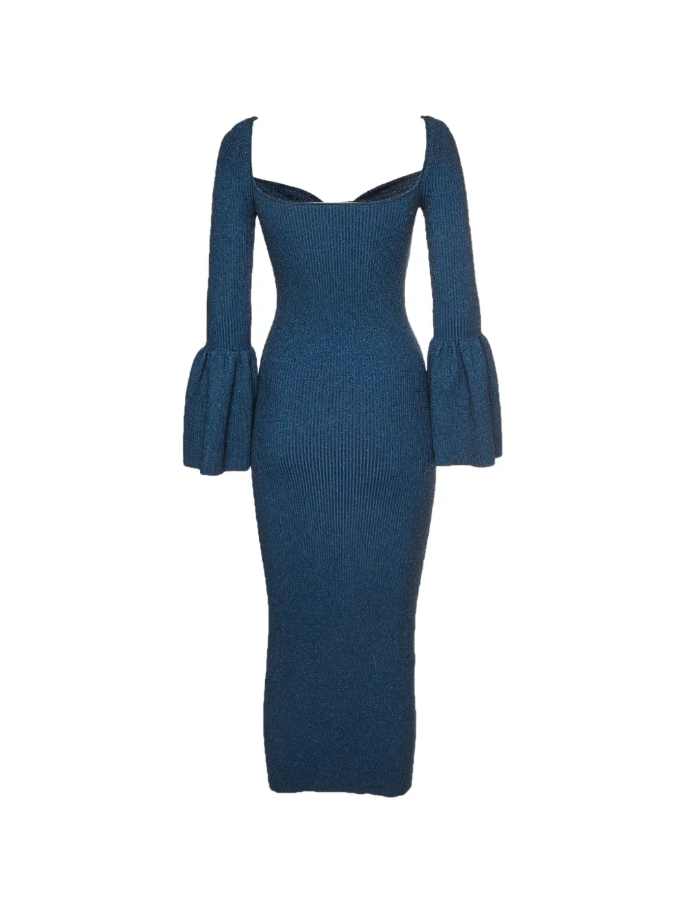 Self-Portrait Self-Portrait Blue Lurex Rib Knit Bell Sleeve Midi Dress