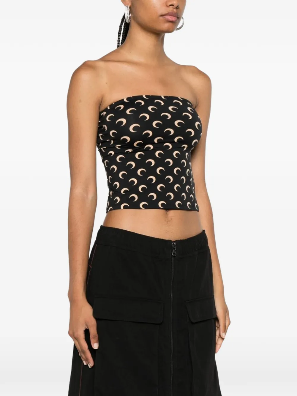 Marine Serre Moon printed jersey second skin tube top; sleeveless second skin cropped bustier top - Nero