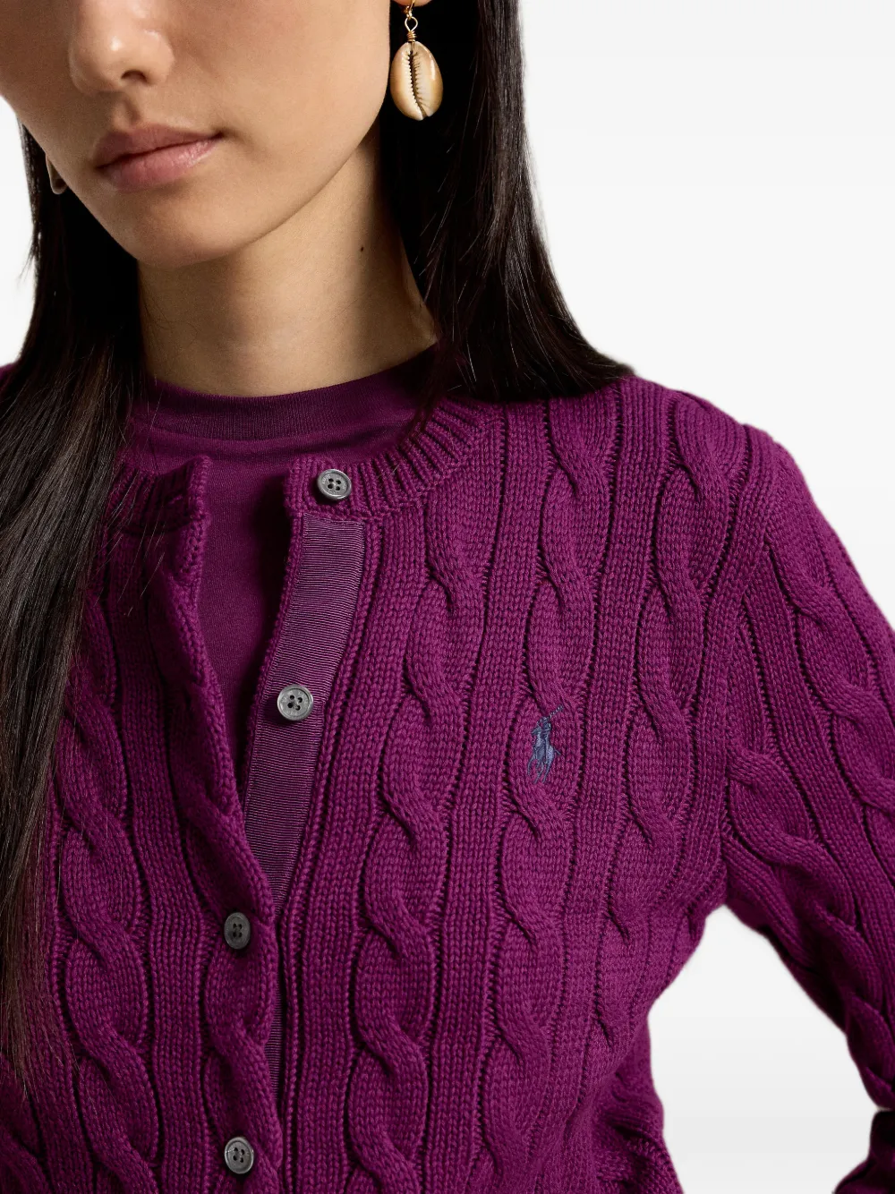 Polo Ralph Lauren cable-knit cotton crewneck cardigan Paars