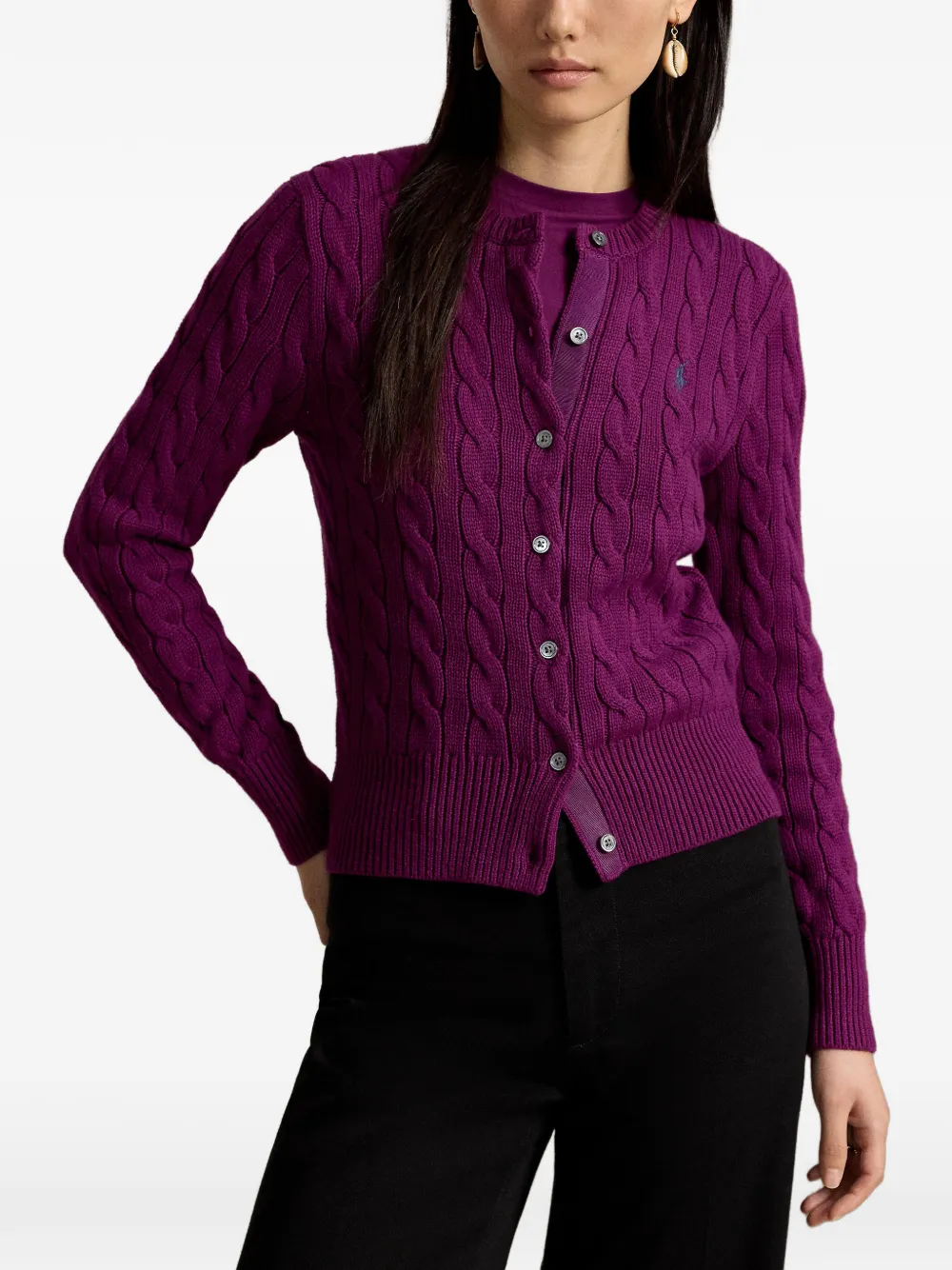 Polo Ralph Lauren cable-knit cotton crewneck cardigan Paars