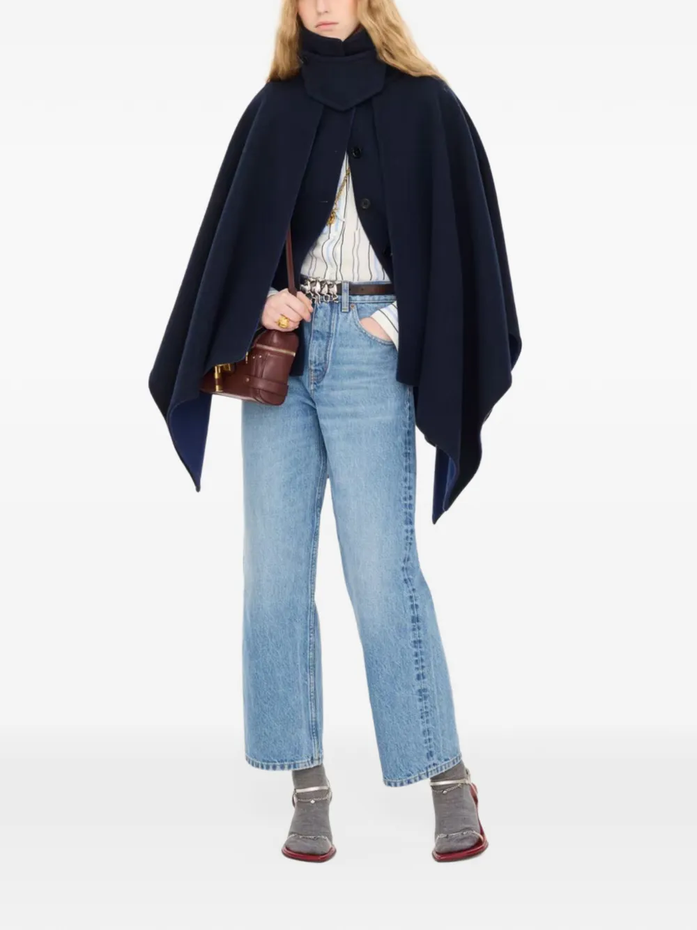 Chloé high-neck short cape coat in washed double-face wool Blauw