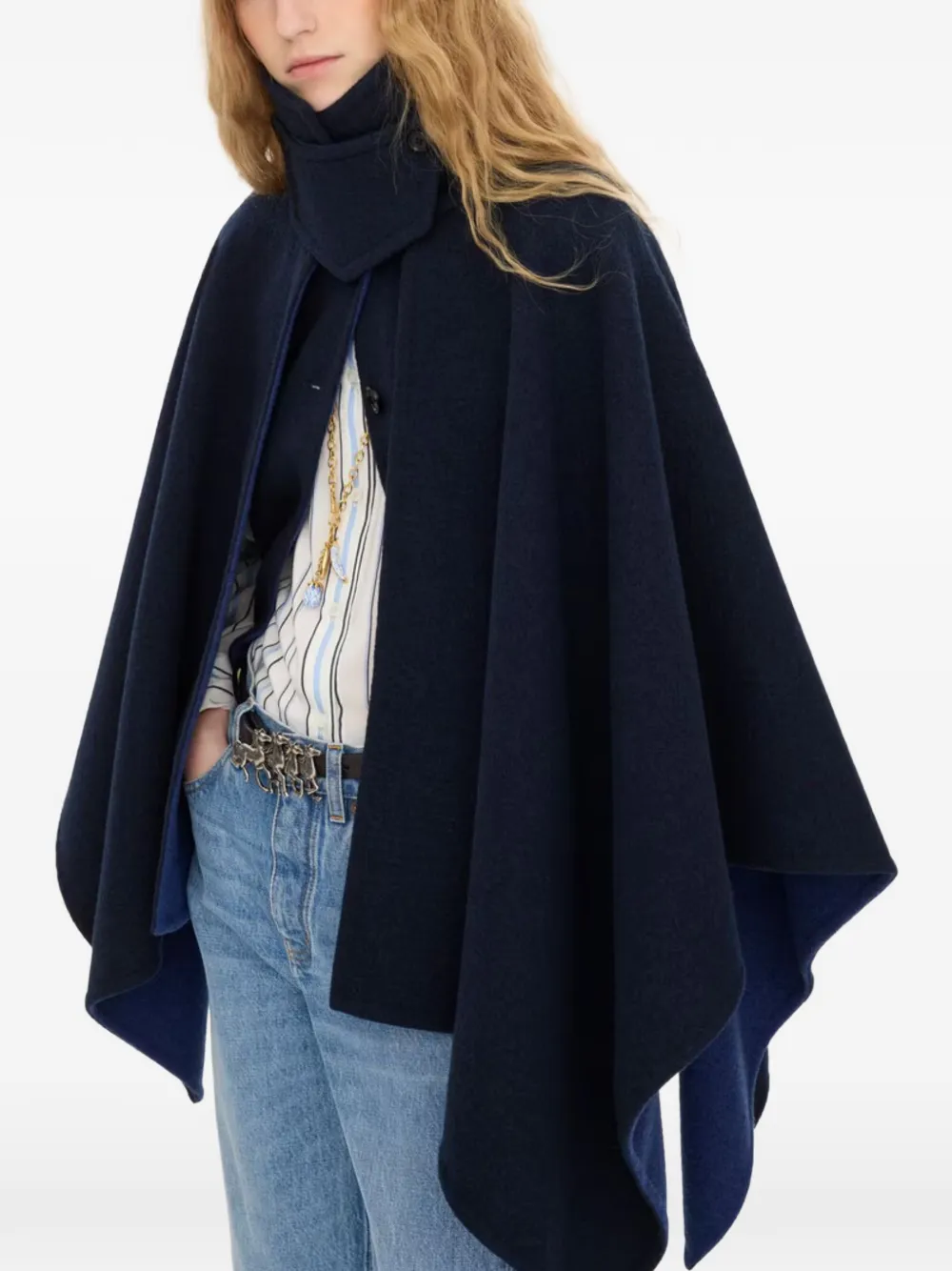 Chloé high-neck short cape coat in washed double-face wool Blauw