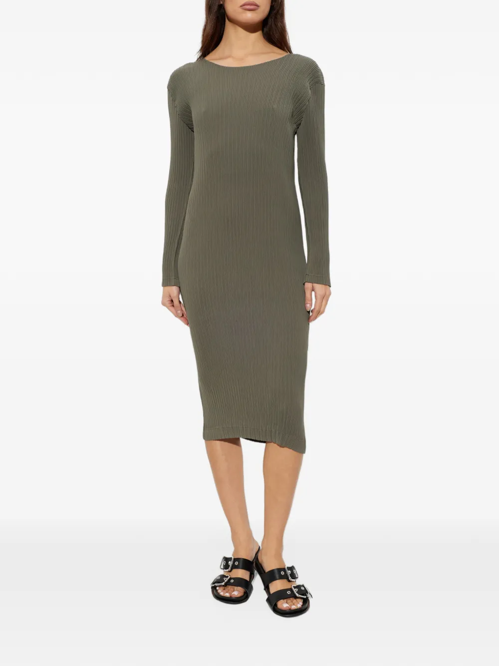 Issey Miyake pleated long-sleeve midi dress Groen