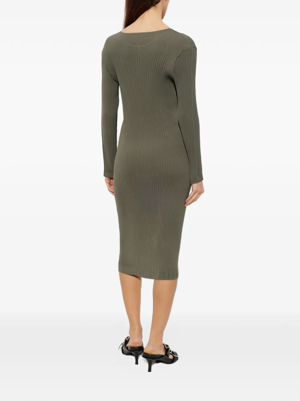Issey Miyake pleated long-sleeve midi dress Groen