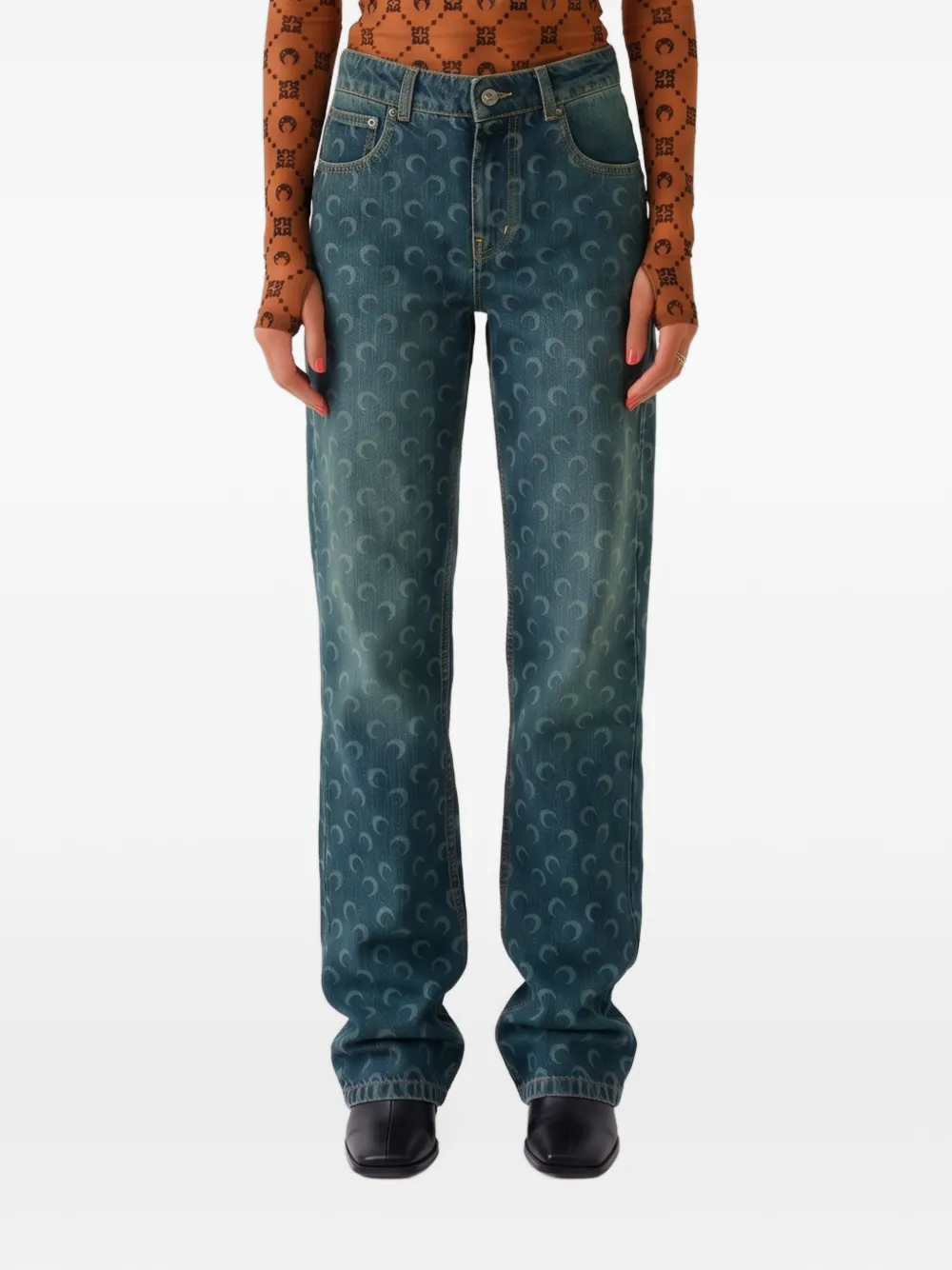 Marine Serre Moon laser dark blue wash denim straight jeans