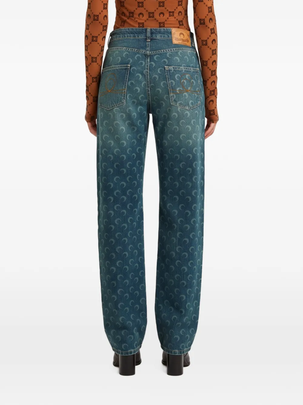 Marine Serre Moon laser dark blue wash denim straight jeans Blauw