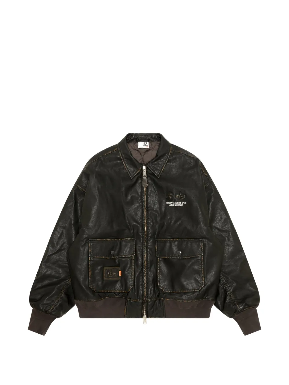 AAPE BY *A BATHING APE® x Alpha Industries Moonface-logo faux-leather bomber jacket - Brown
