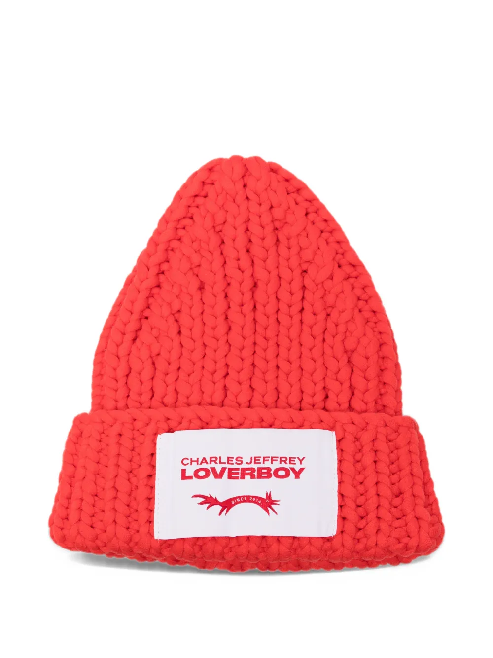 Charles Jeffrey Lover chunky-knit logo-patch beanie hat Rood