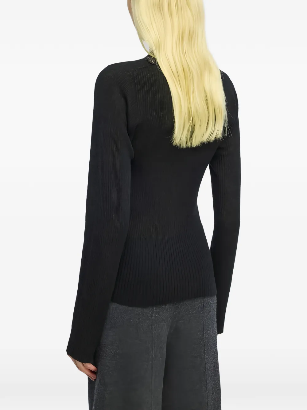 Semicouture Almira lace-trim ribbed cardigan Zwart