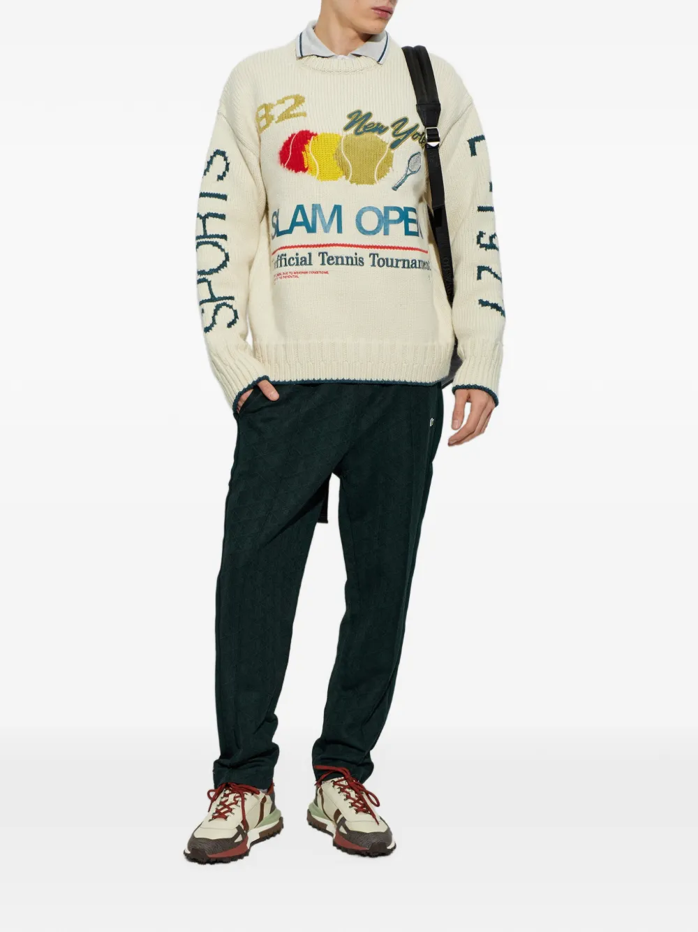 Lacoste Runway intarsia embroidered-motif sweater Beige