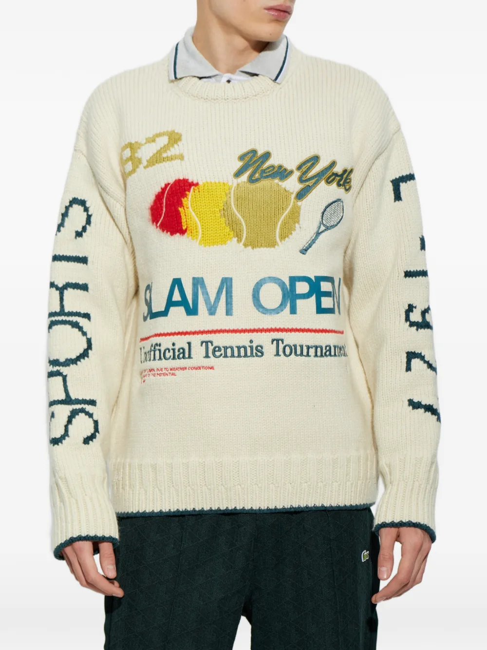 Lacoste Runway intarsia embroidered-motif sweater Beige