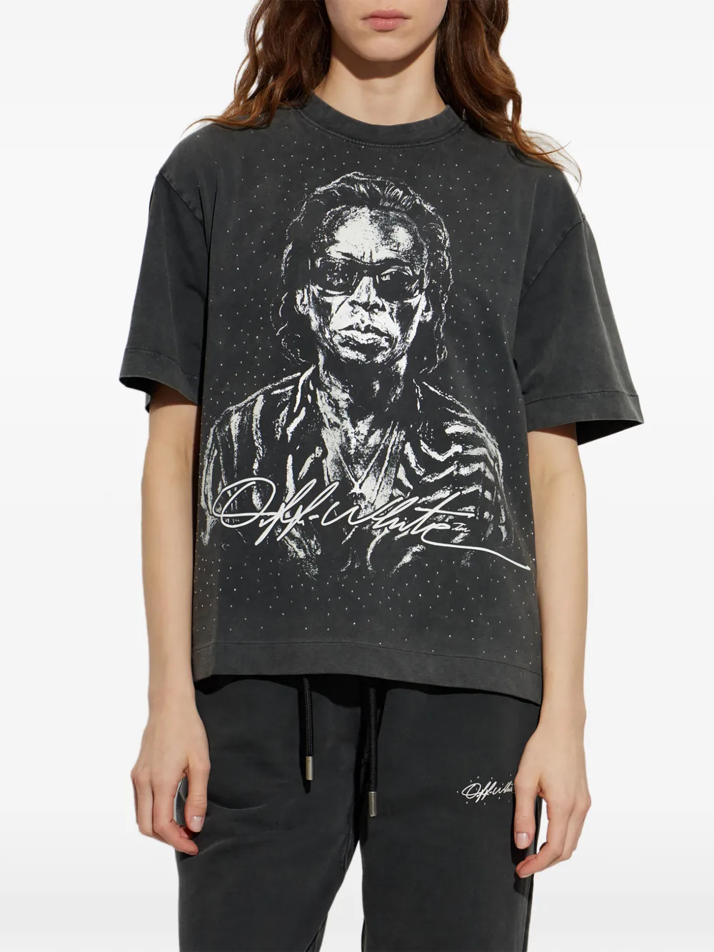 Off-White T-shirt verfraaid met kristallen Grijs