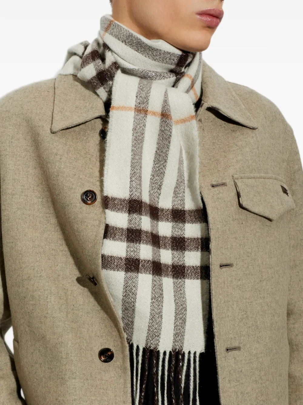 Burberry Narrow Sparkle Check cashmere scarf Beige