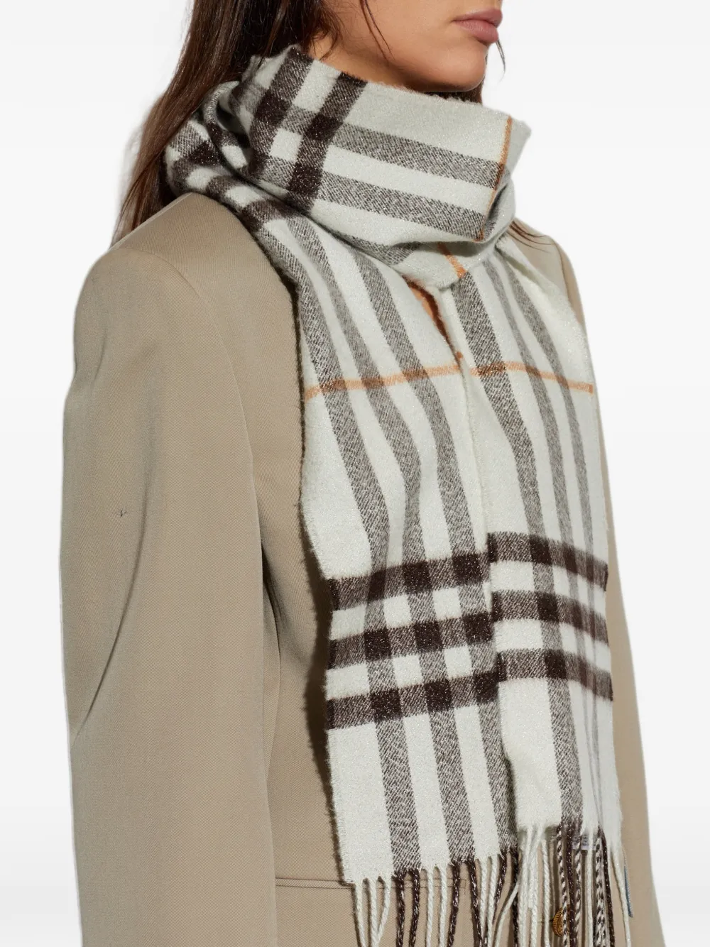 Burberry Narrow Sparkle Check cashmere scarf Beige