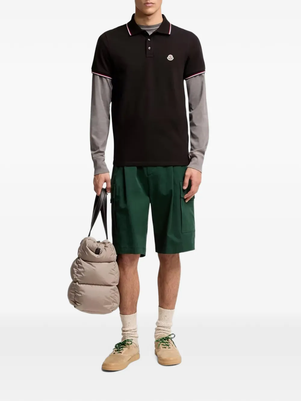 Moncler tricolor-trimmed cotton piquet polo shirt Zwart